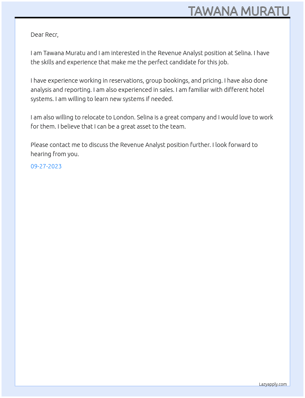 Revenue Analyst At Selina Cover Letter