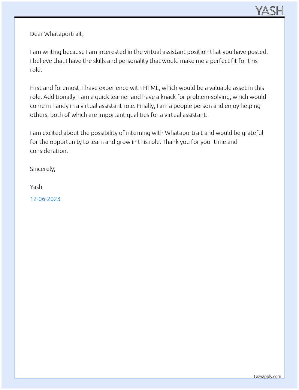 Virtual assistant  At Whataportrait Cover Letter