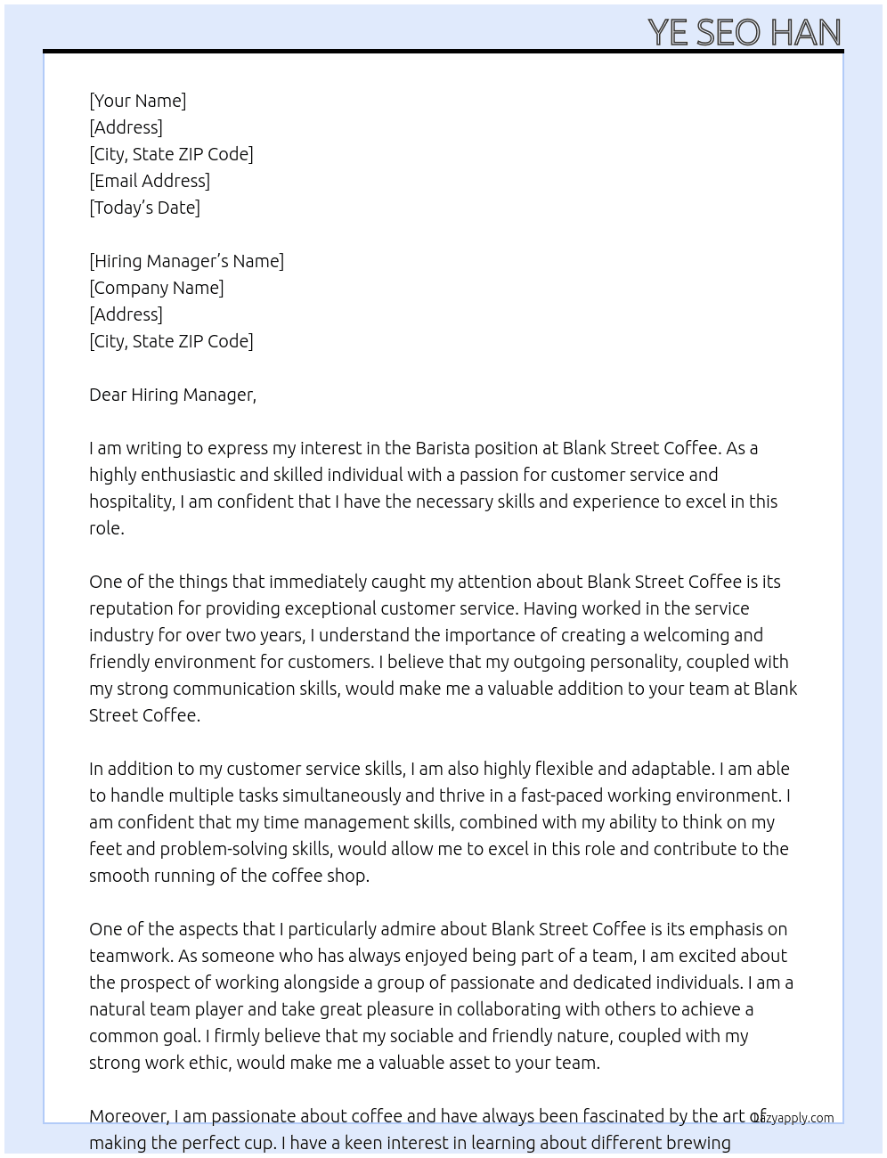 Barista At Blank Street Coffee Cover Letter
