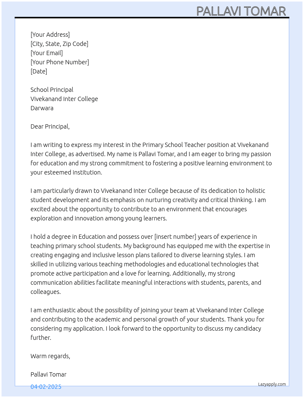 Primary school teacher  At Vivekanand Inter College, Darwara  Cover Letter