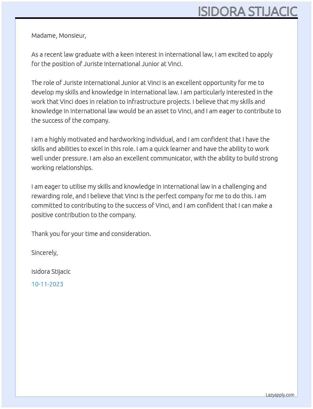 Juriste International Junior At Vinci Cover Letter
