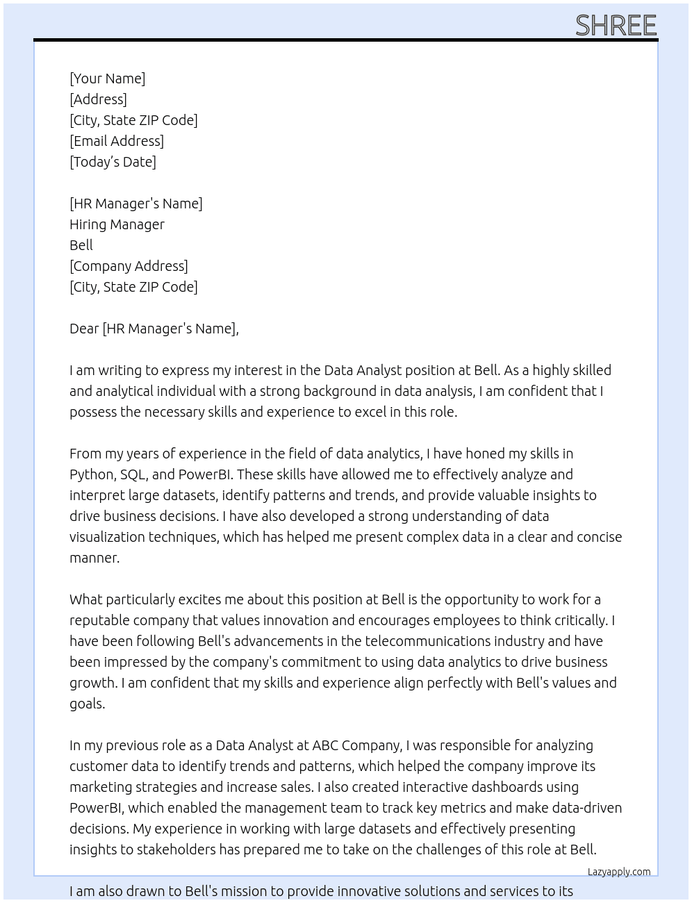 data analyst At bell Cover Letter