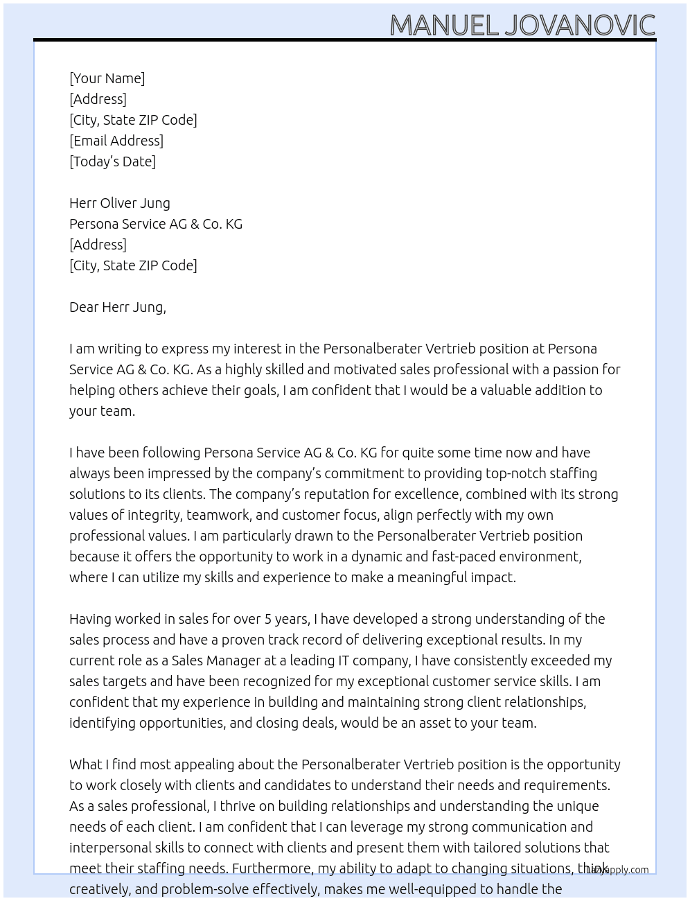 Personalberater Vertrieb At persona service AG & Co. KG Cover Letter