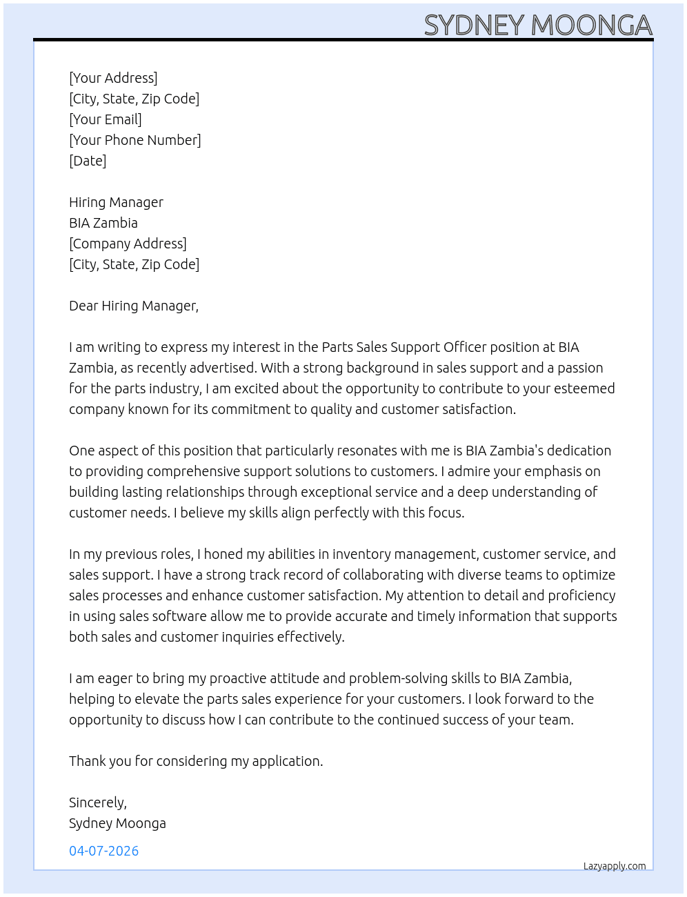 Parts Sales Support Officer At BIA Zambia Cover Letter