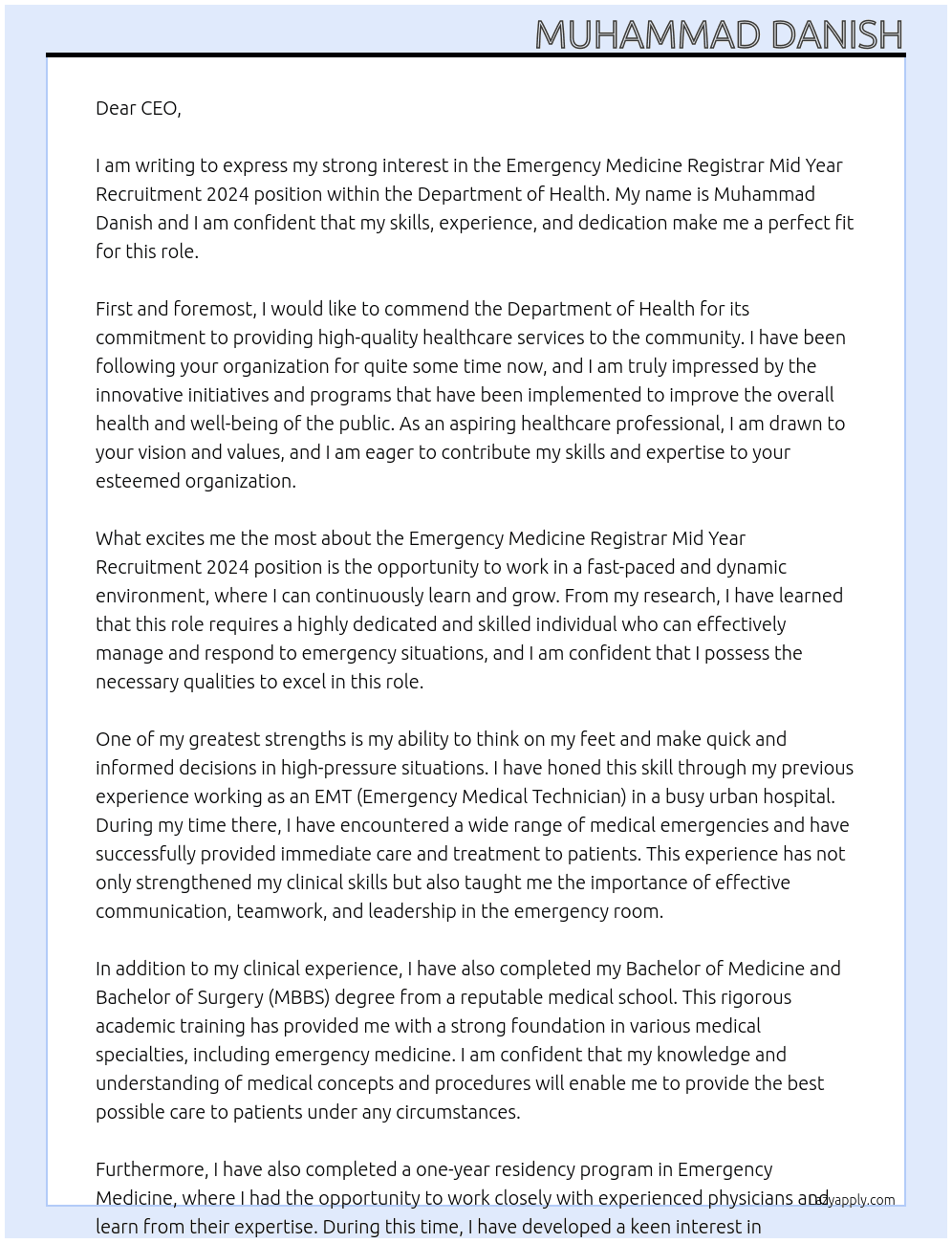 Emergency Medicine Registrar Mid Year Recruitment 2024 At Department of Health Cover Letter