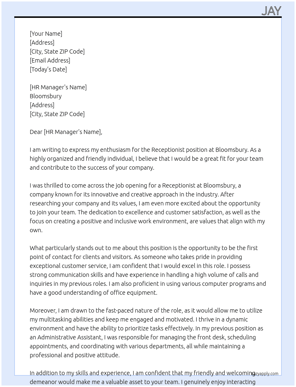 Receptionist At Bloomsbury Cover Letter