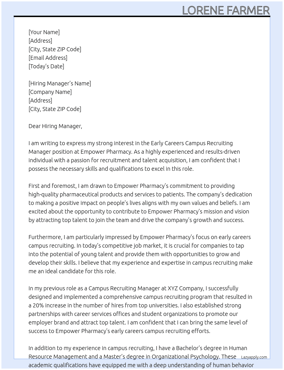 Early Careers Campus Recruiting Manager At Empower Pharmacy Cover Letter