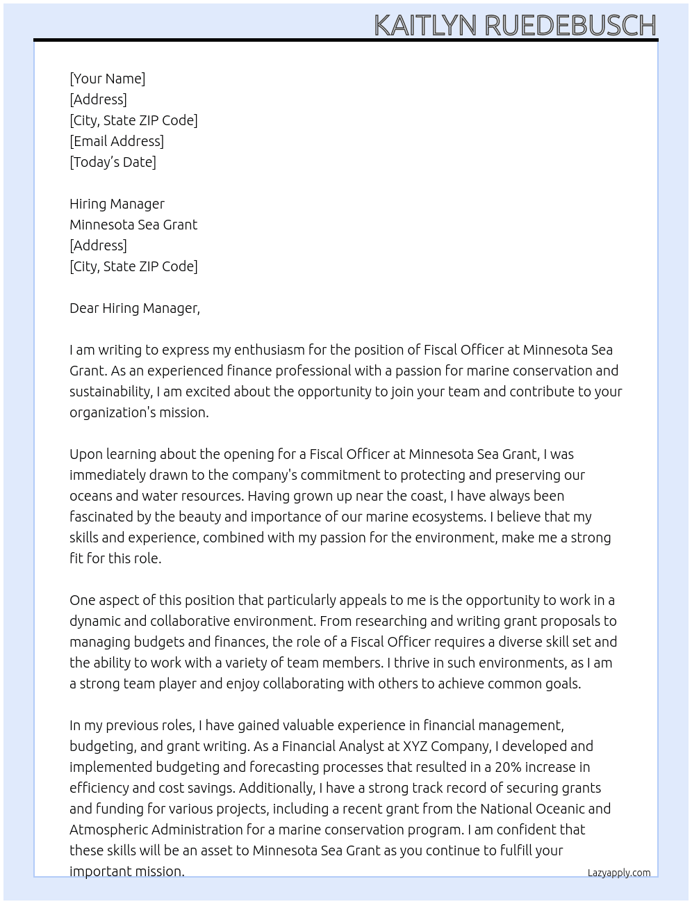 Fiscal Officer At Minnesota Sea Grant Cover Letter