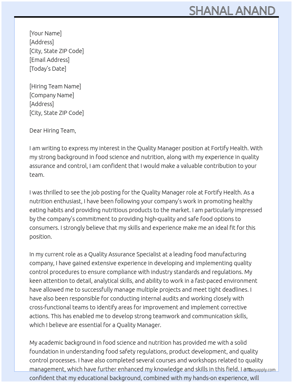 Quality manager in fortify health  At Fortify health  Cover Letter