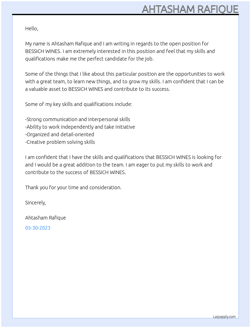 BESSICH WINES At BESSICH WINES Cover Letter