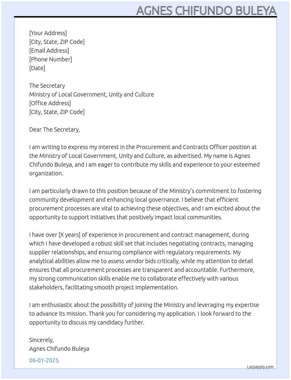 Cover letter for procurement and contracts officer - LazyApply