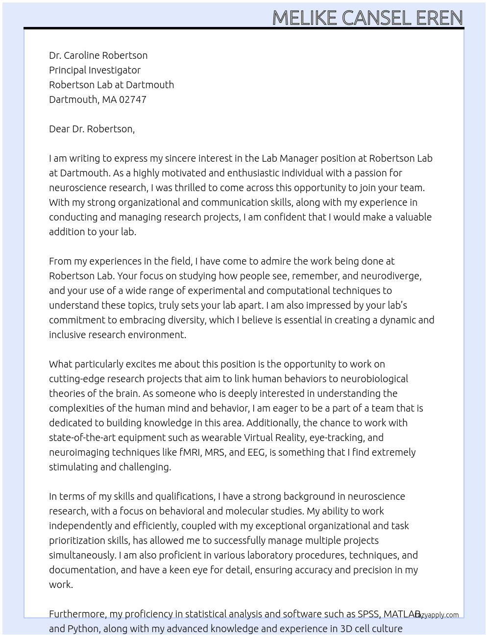 Lab manager At Robertson lab at Dartmouth  Cover Letter