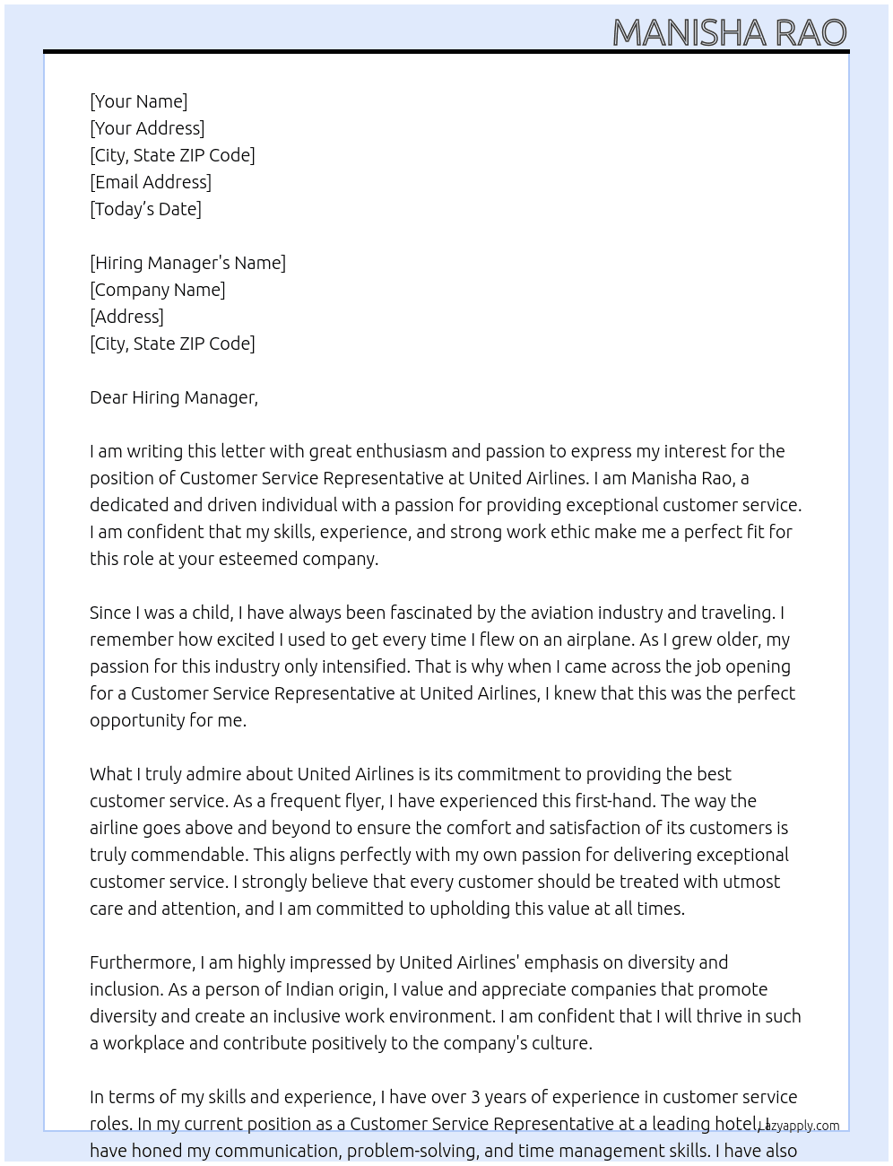 Customer Service Representative  At United Airlines Cover Letter