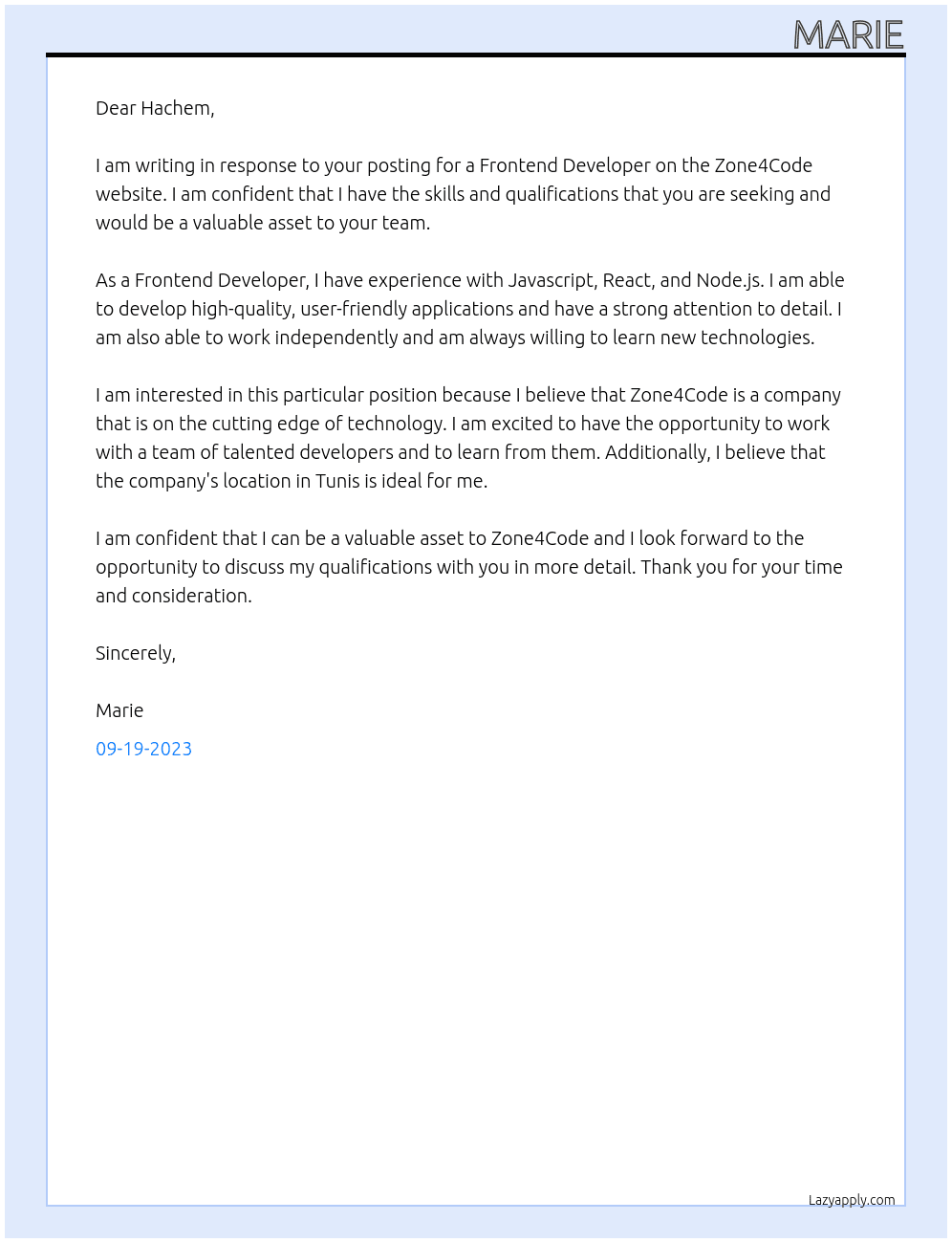 Frontend Developer At Zone4Code Cover Letter