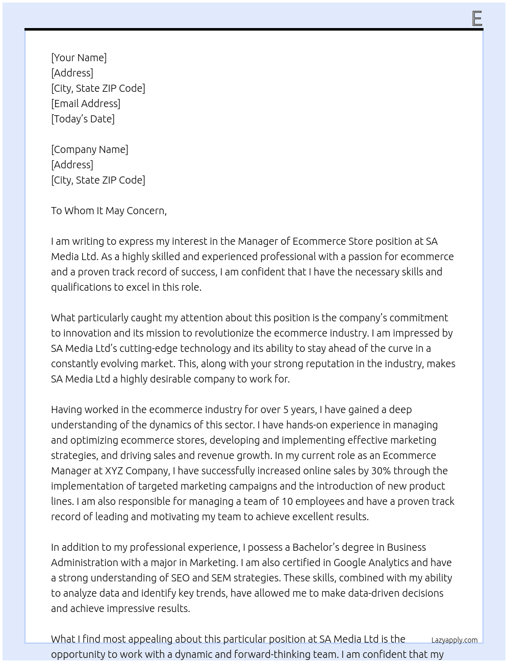 Manager of Ecommerce Store At SA Media Ltd Cover Letter