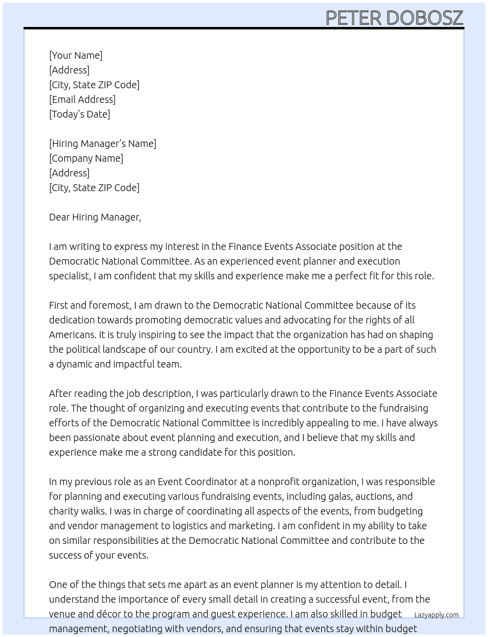 Finance Events Associate At Democratic National Committee Cover Letter