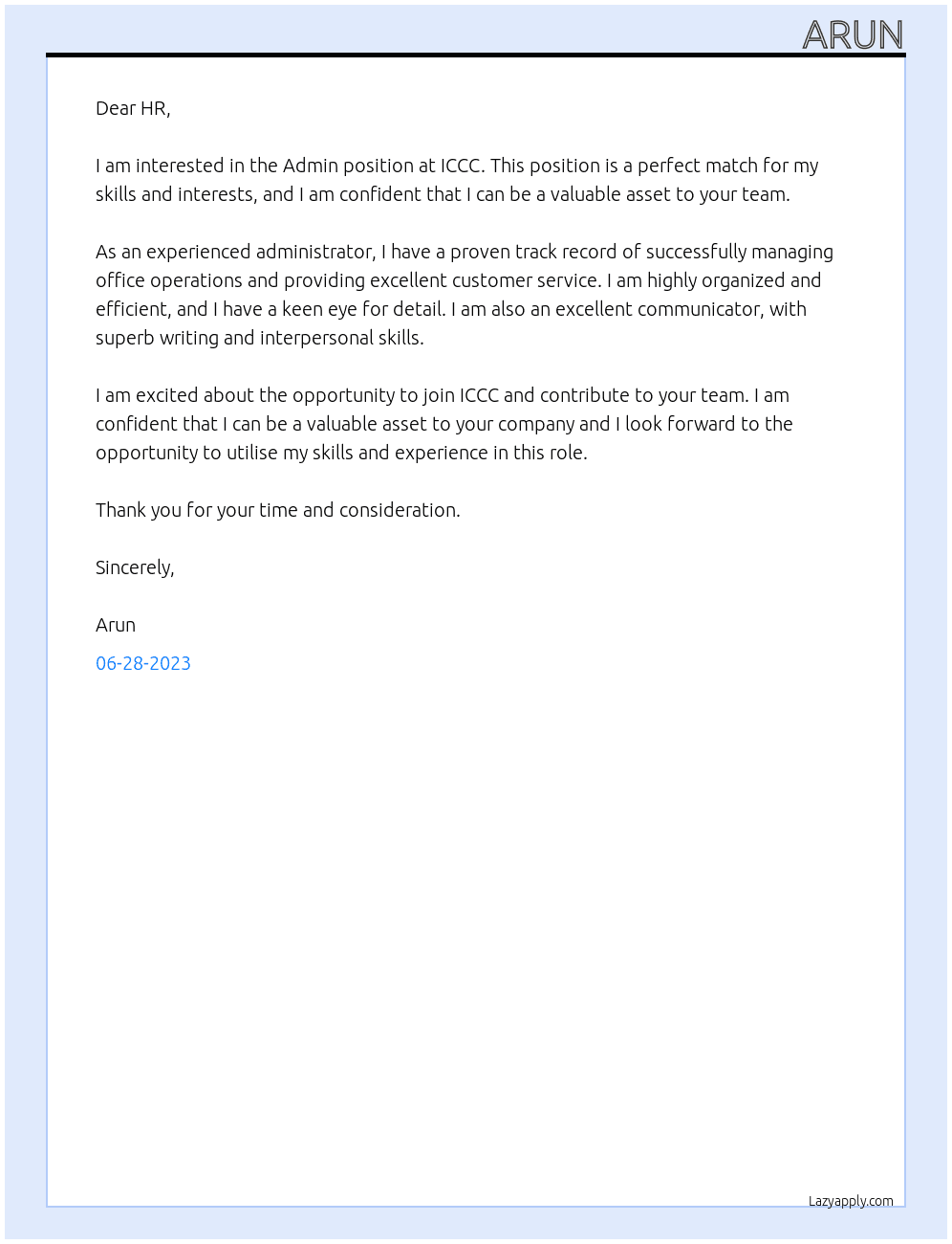 Admin At ICCC Cover Letter