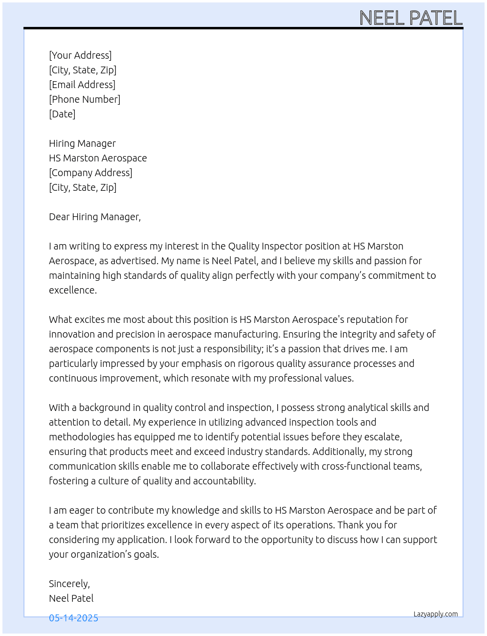 Quality Inspector  At HS Marston Aerospace Cover Letter