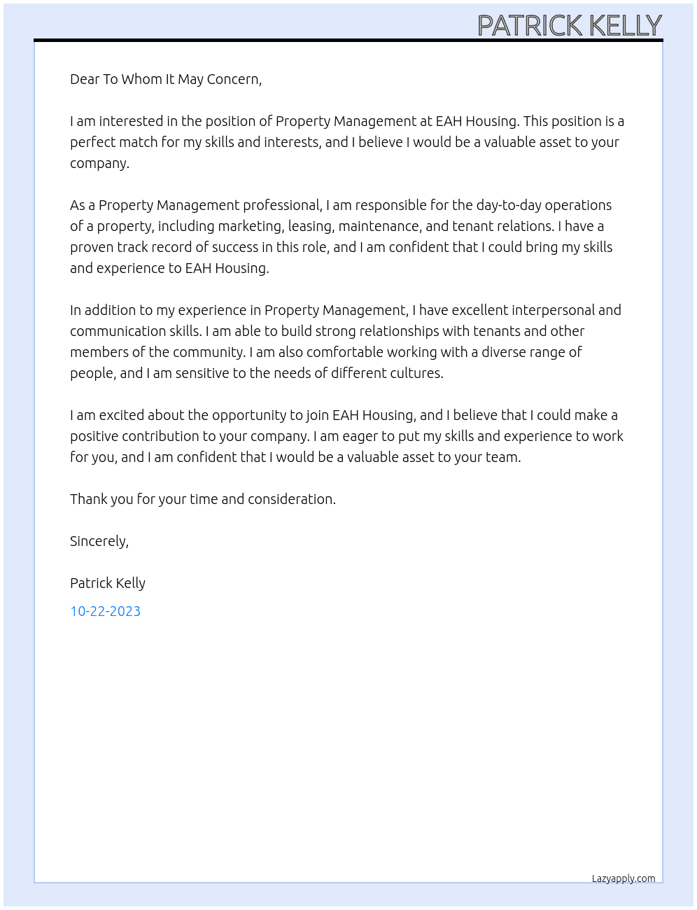 Property Management At EAH Housing Cover Letter