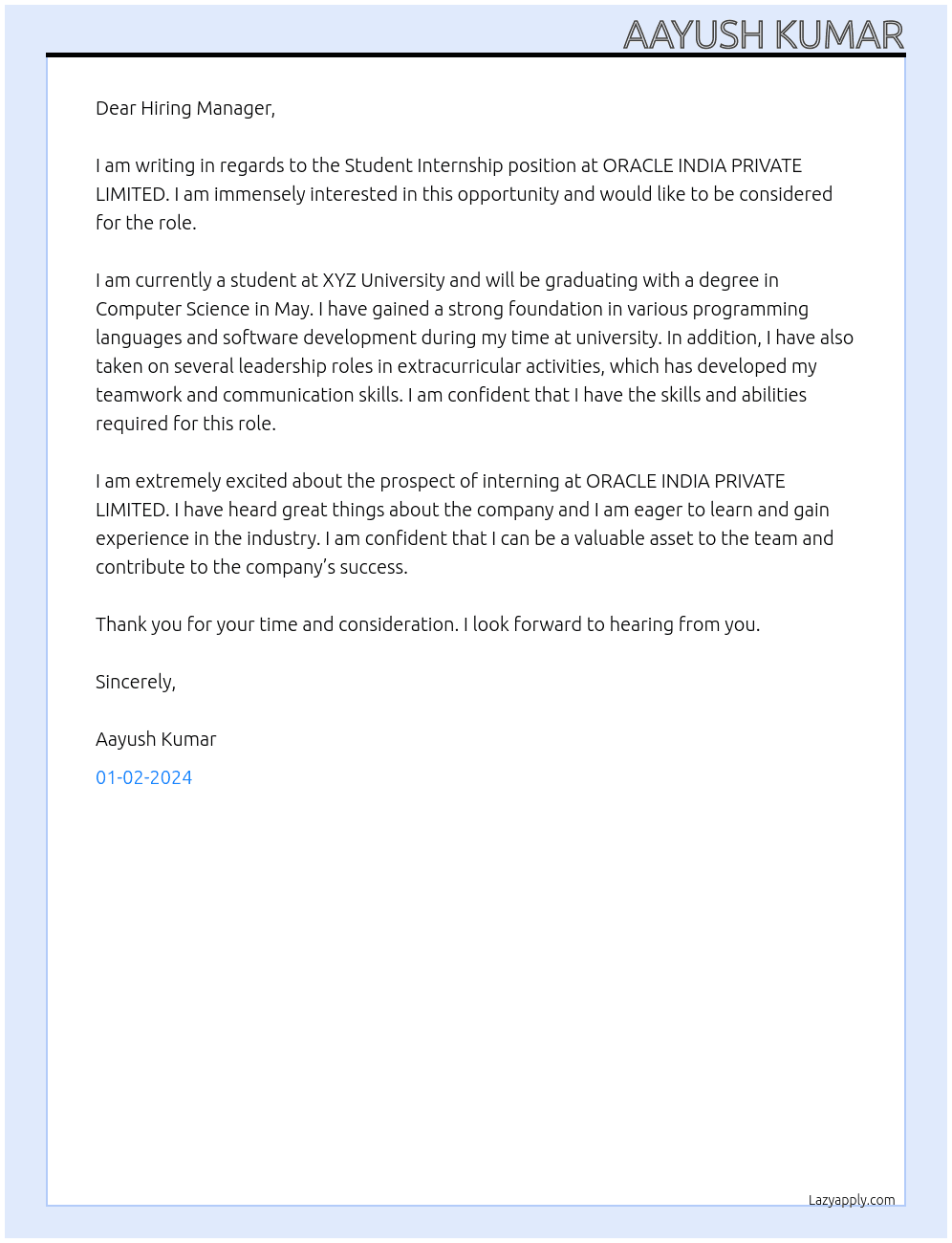 Student Internship At ORACLE INDIA PRIVATE LIMITED Cover Letter