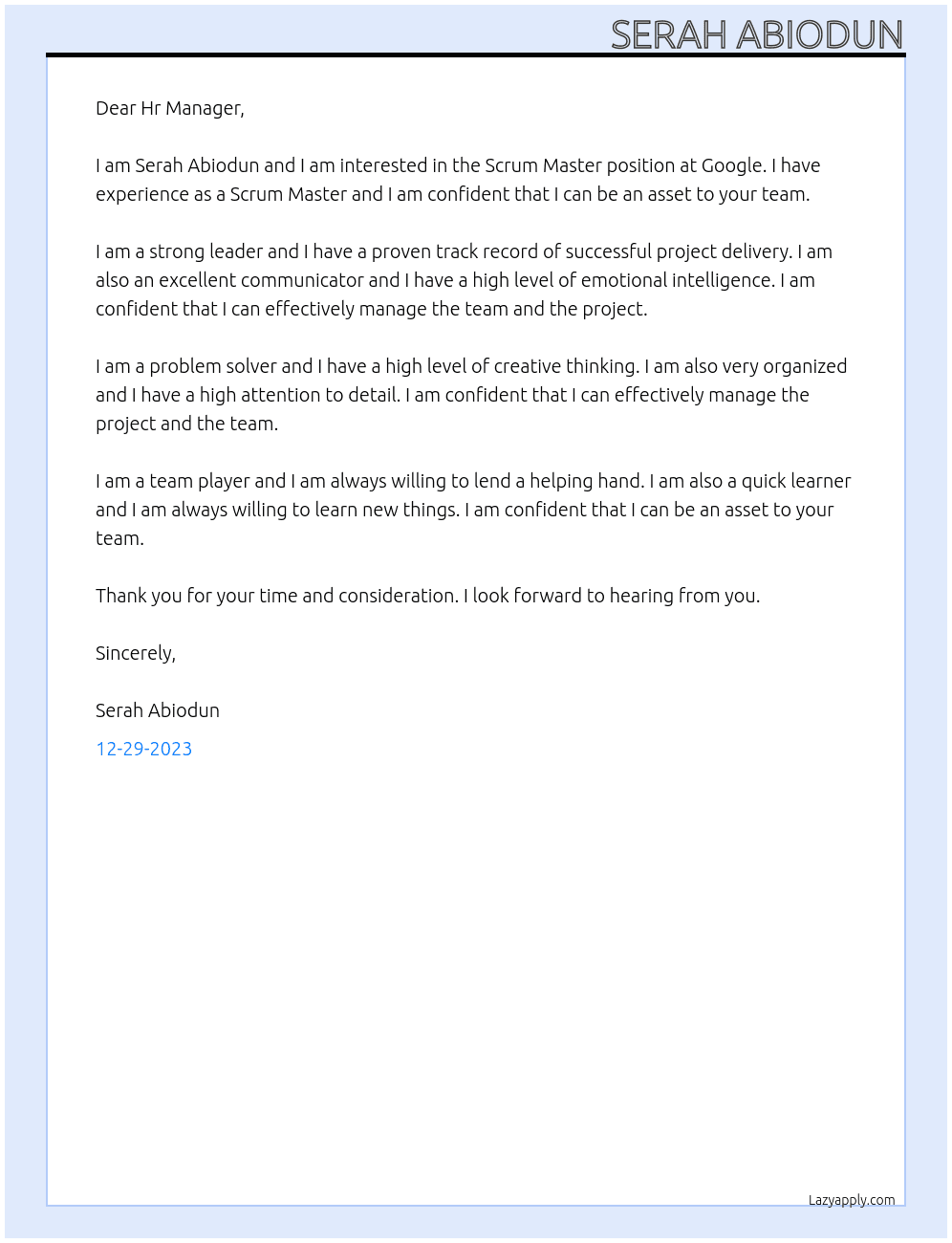 Scrum Master At google Cover Letter