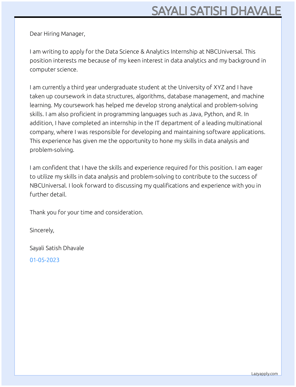 Cover letter for data science & analytics internship - LazyApply