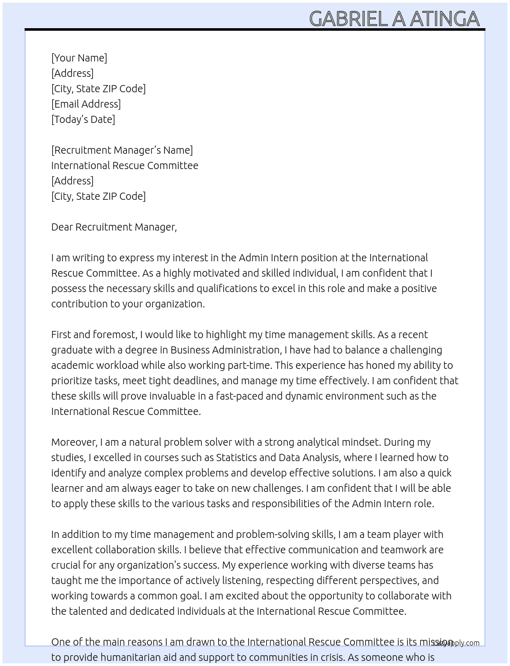 Admin intern  At International rescue committee  Cover Letter