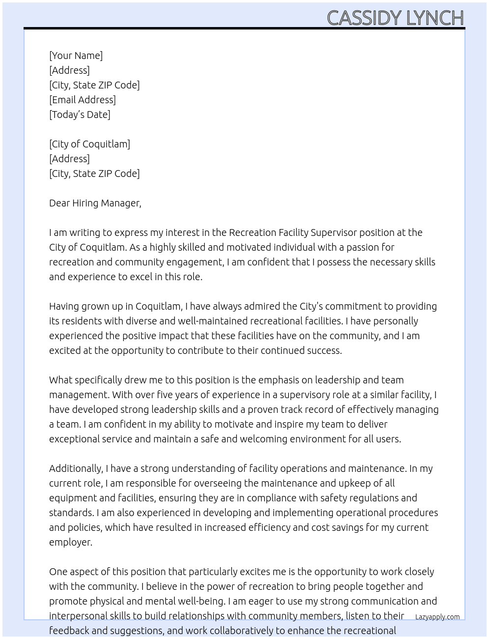 Recreation Facility Supervisor At City of Coquitlam Cover Letter