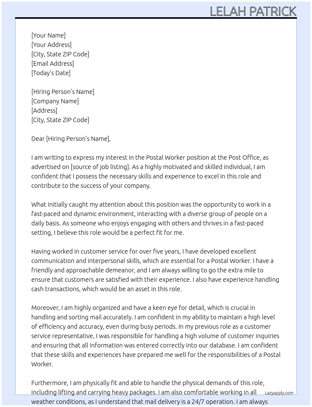 Postal worker  At Post office  Cover Letter