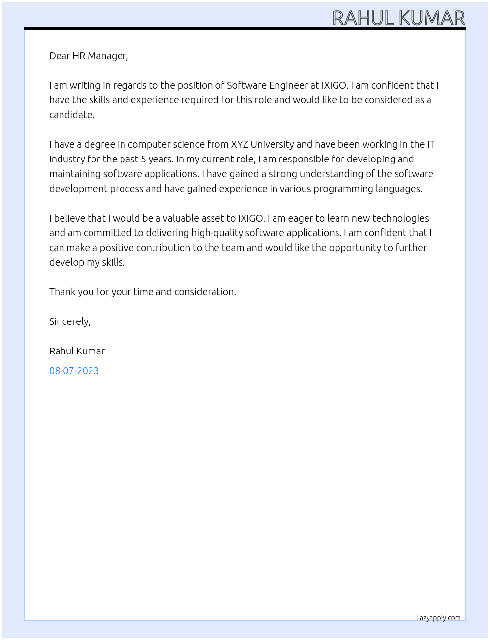 Software Engineer At IXIGO Cover Letter