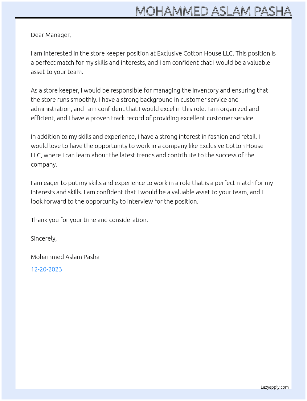 Store keeper At Exclusive Cotton House LLC Cover Letter