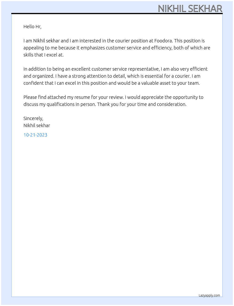 Courier  At Foodora Cover Letter
