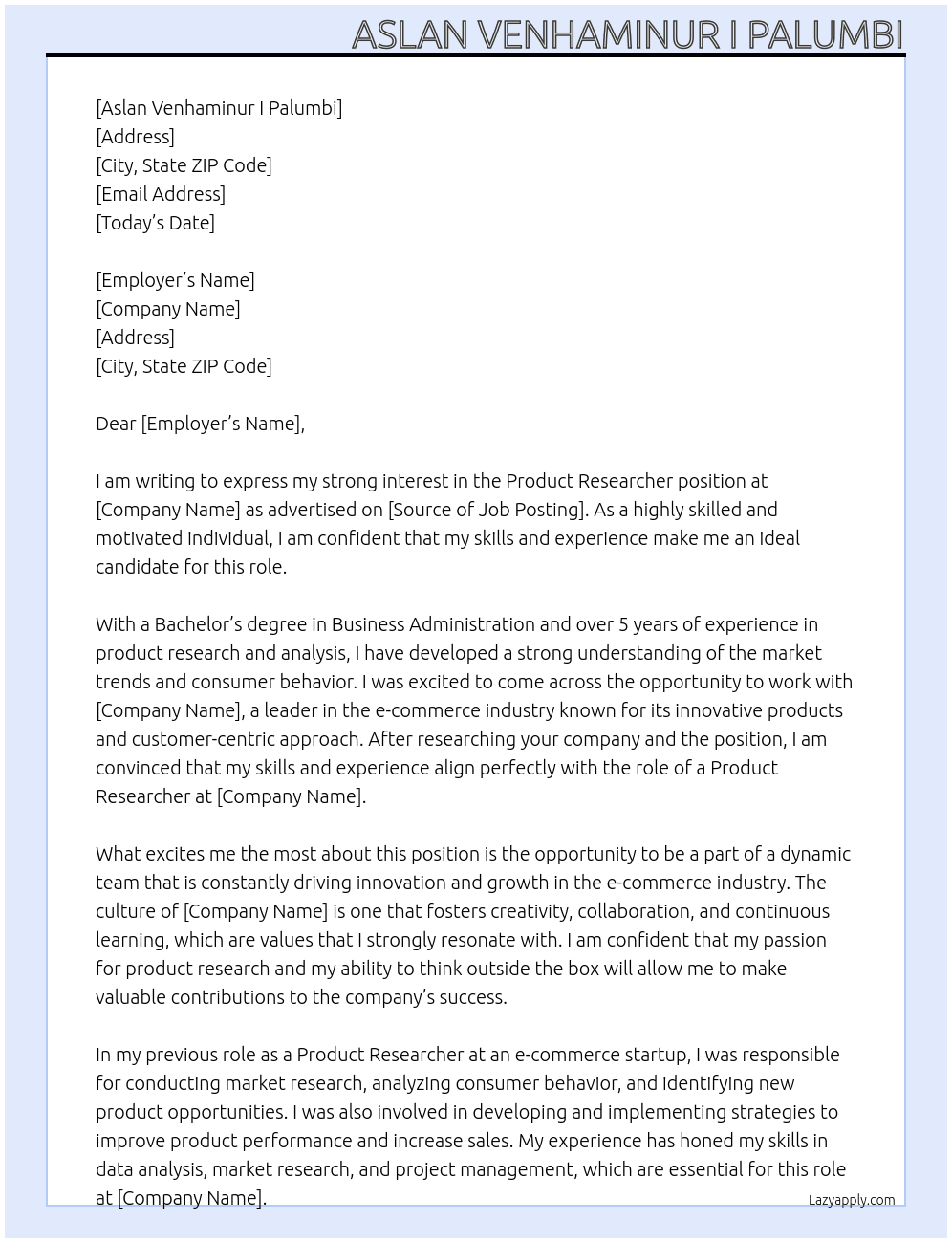product researcher At Amazon Product Researcher/Amazon General VA Cover Letter