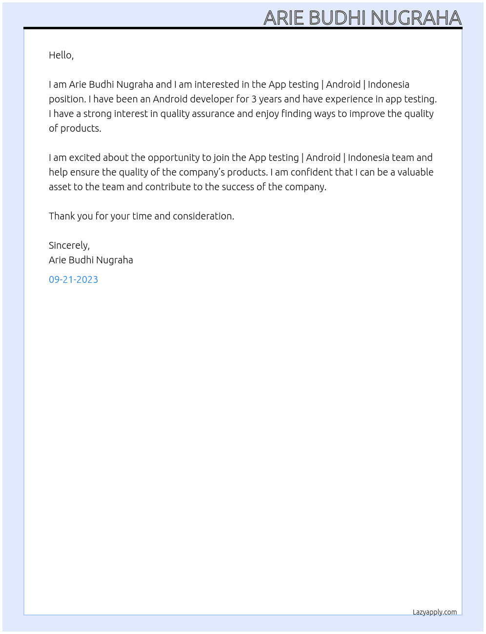 App testing | Android | Indonesia At App testing | Android | Indonesia Cover Letter