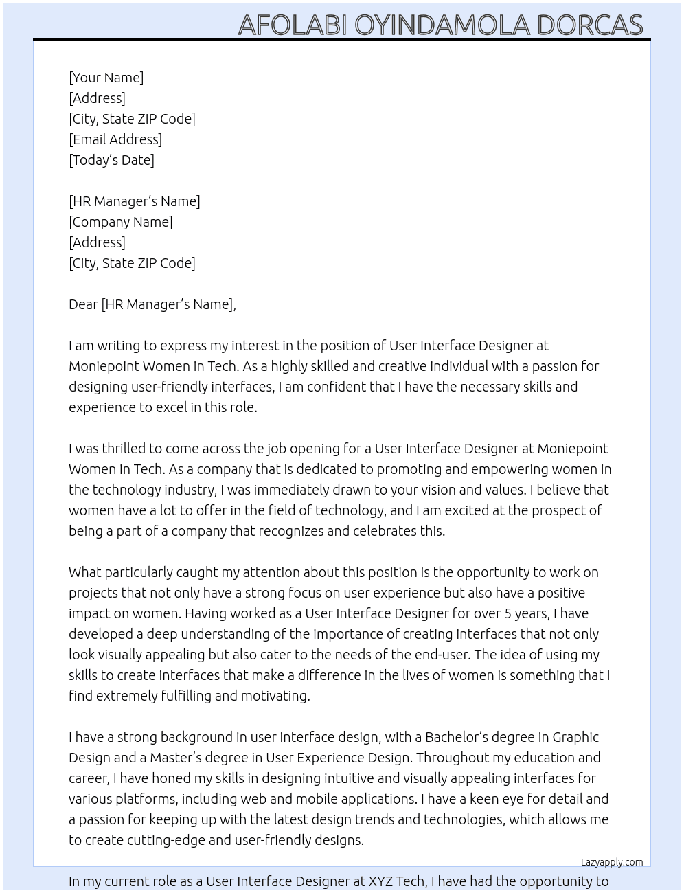 User interface designer At Moniepoint women in tech  Cover Letter