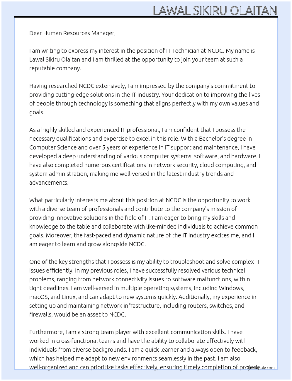 IT Technician At NCDC Cover Letter