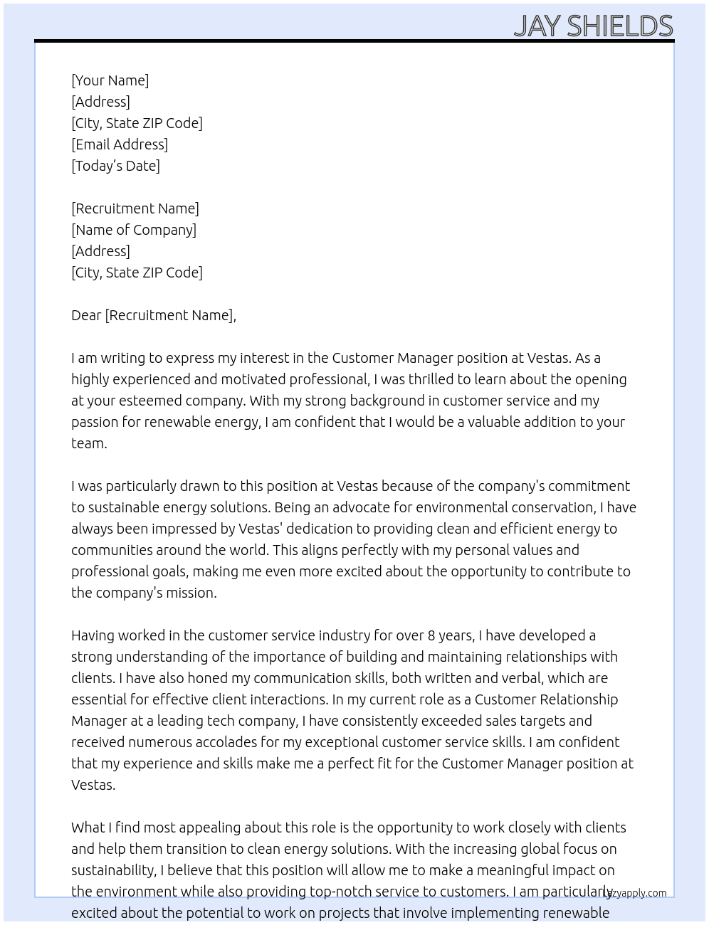Customer Manager At Vestas Cover Letter