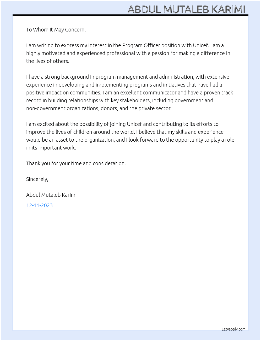 Program officer  At Unicef Cover Letter