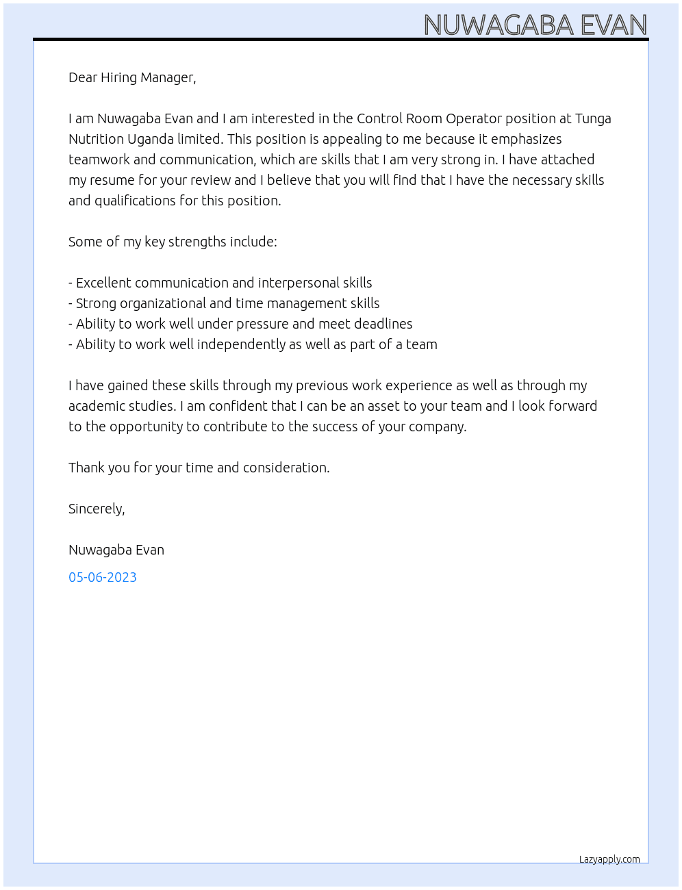 Control Room Operator At Tunga Nutrition Uganda limited Cover Letter