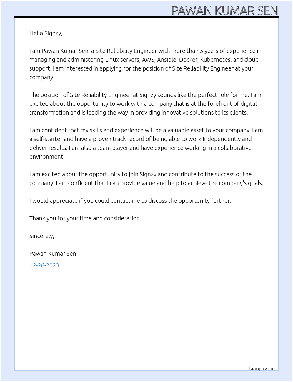 Site Reliability Engineer At Signzy Cover Letter