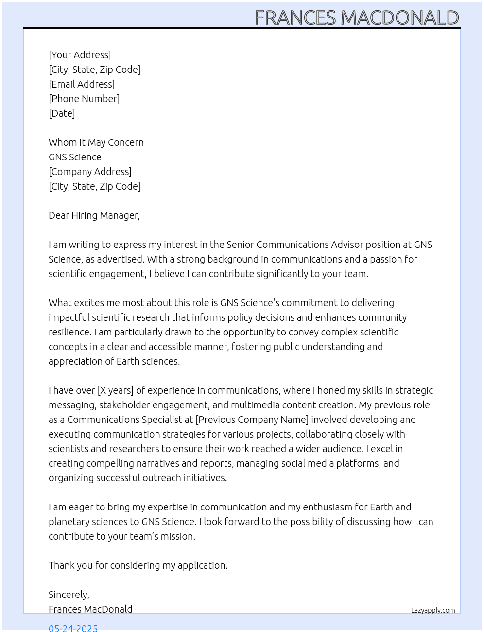 Senior communications Advisor At GNS Science Cover Letter