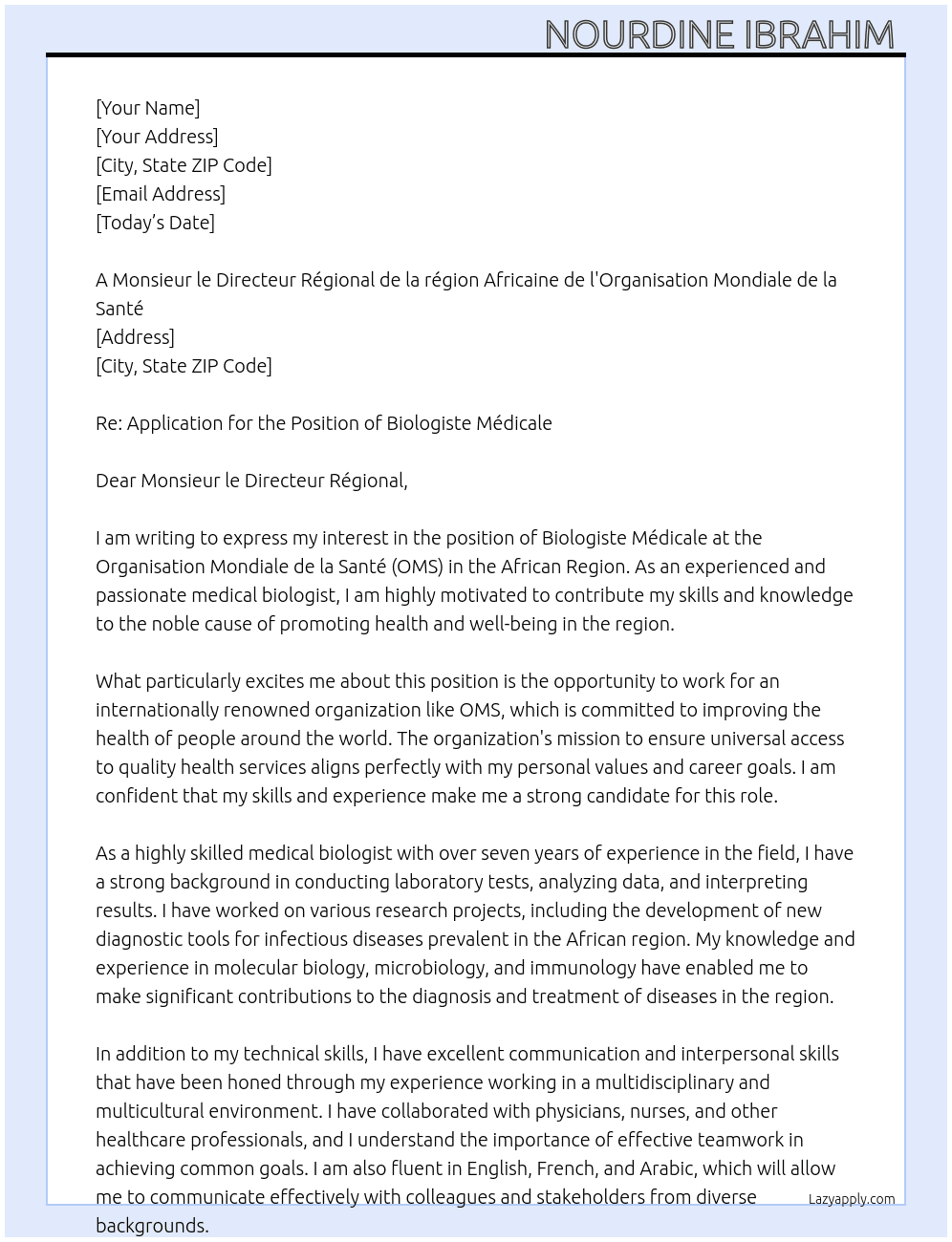 Biologiste médicale  At Organisation Mondiale de la santé  Cover Letter