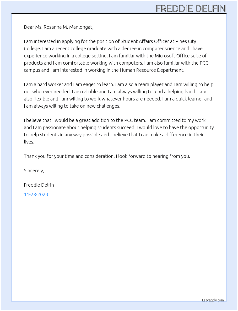 Student Affairs Officer At Pines City College Cover Letter