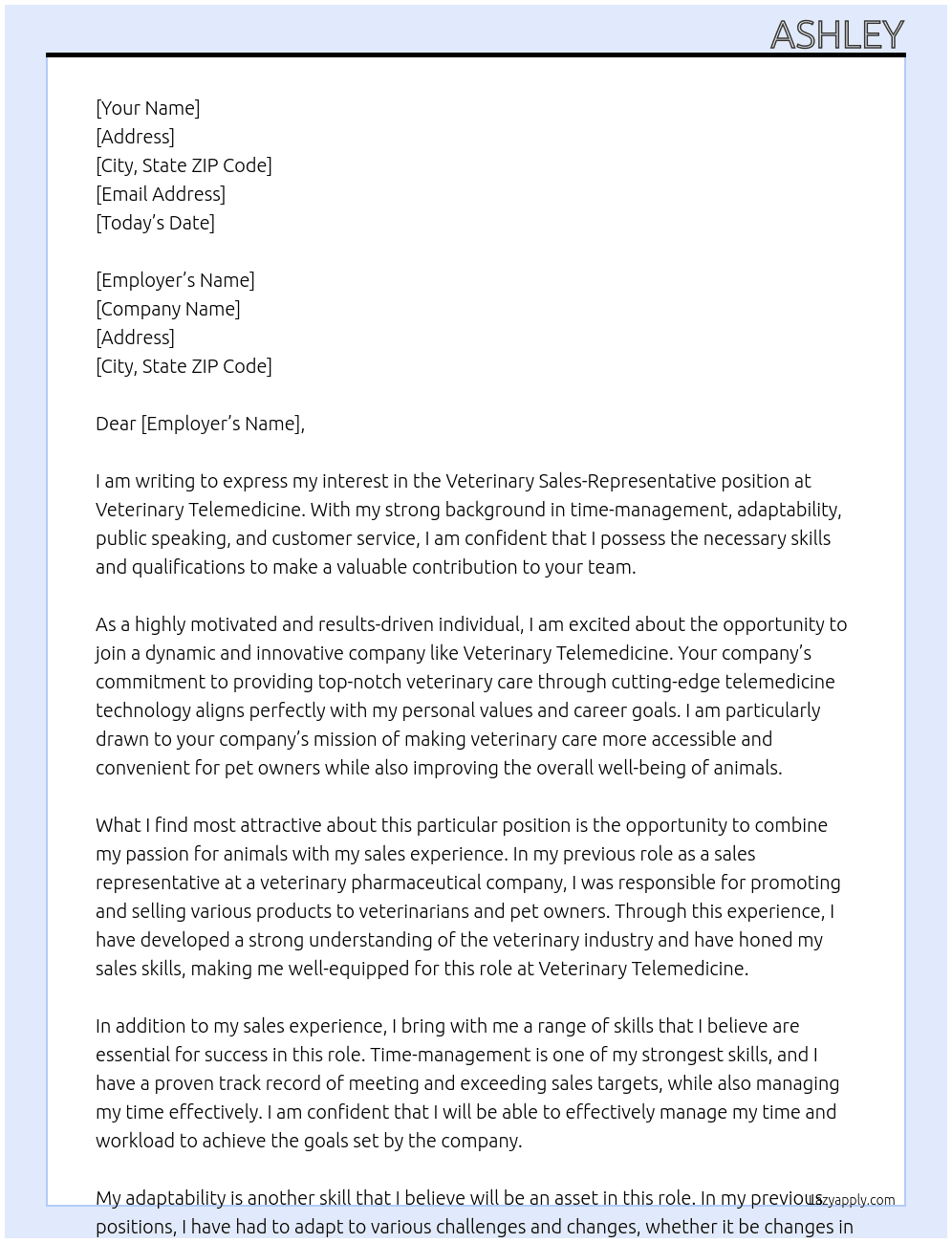 Veterinary Sales-Representative At Veterinary Telemedicine Cover Letter
