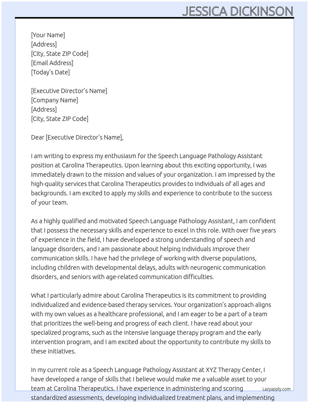 Speech Language Pathology Assistant  At Carolina Therapeutics Cover Letter