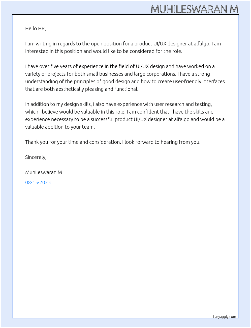 product ui/ux design At alfalgo Cover Letter