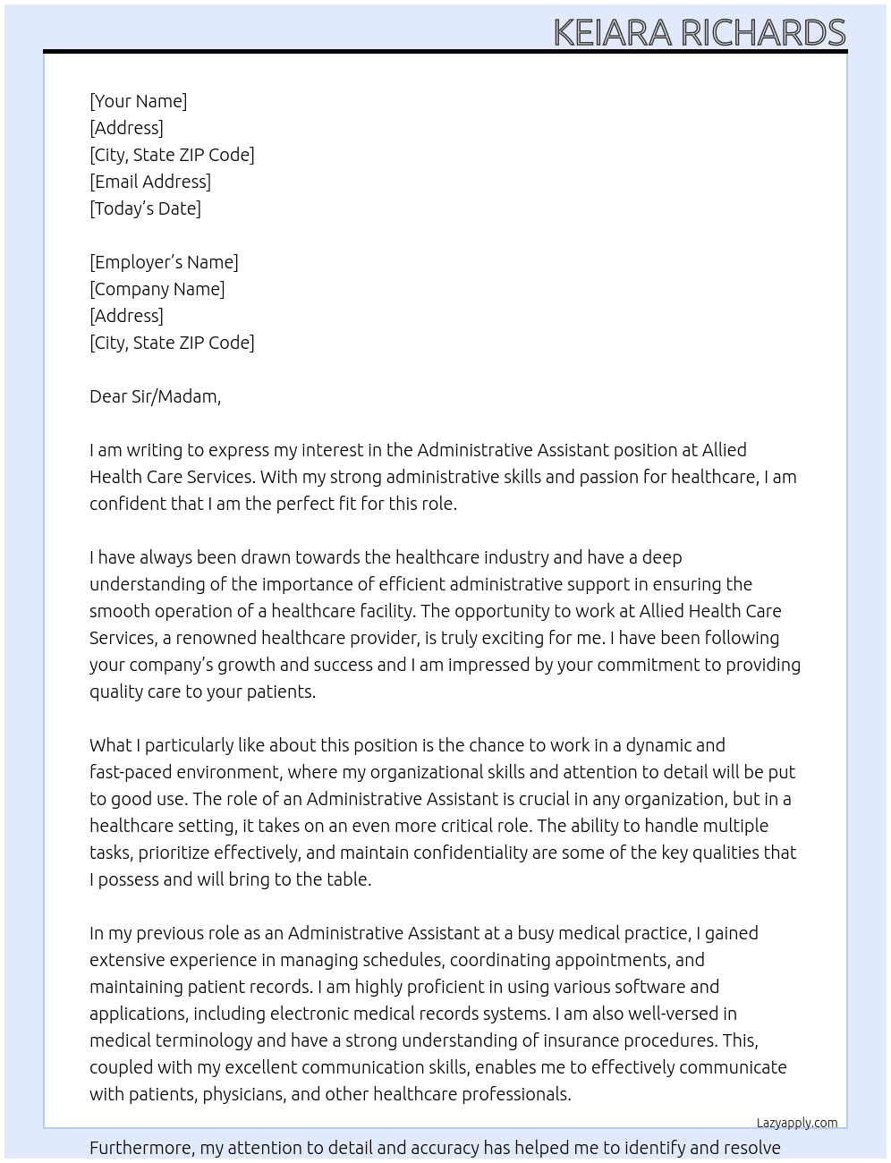 Administrative Assistant  At Allied Health Care Services Cover Letter