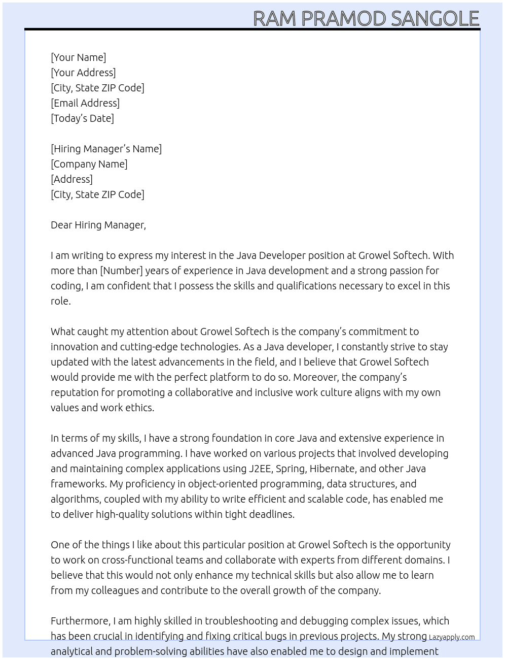 Java Developer At Growel Softech Cover Letter