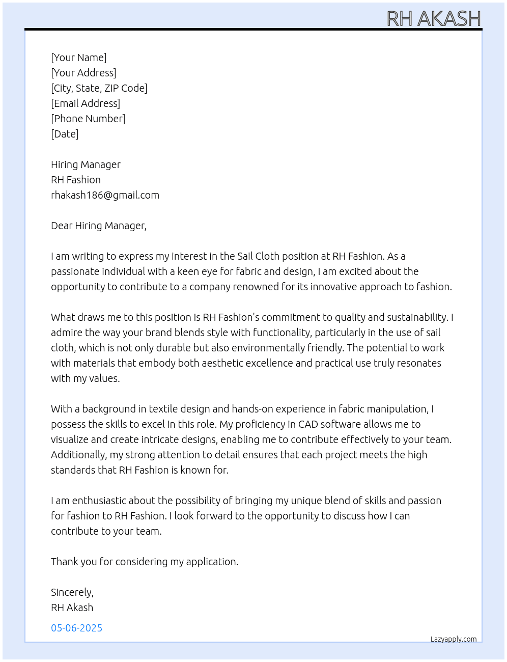 Sail cloth  At rhakash186@gmlai Cover Letter