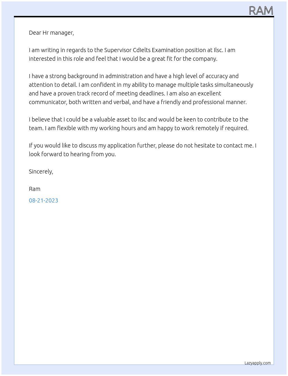 Supervisor CdIelts Examination  At Ilsc Cover Letter